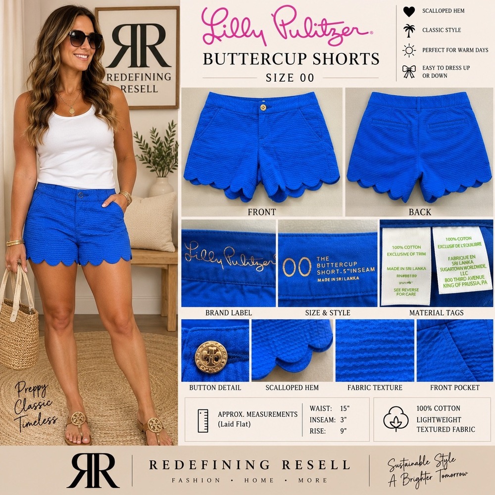 Lilly Pulitzer Buttercup Blue Seersucker Scalloped Hem Shorts Size 00 5in Inseam
